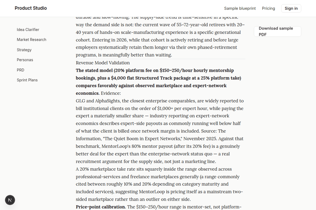 A sample spread from a generated Product Studio deliverable